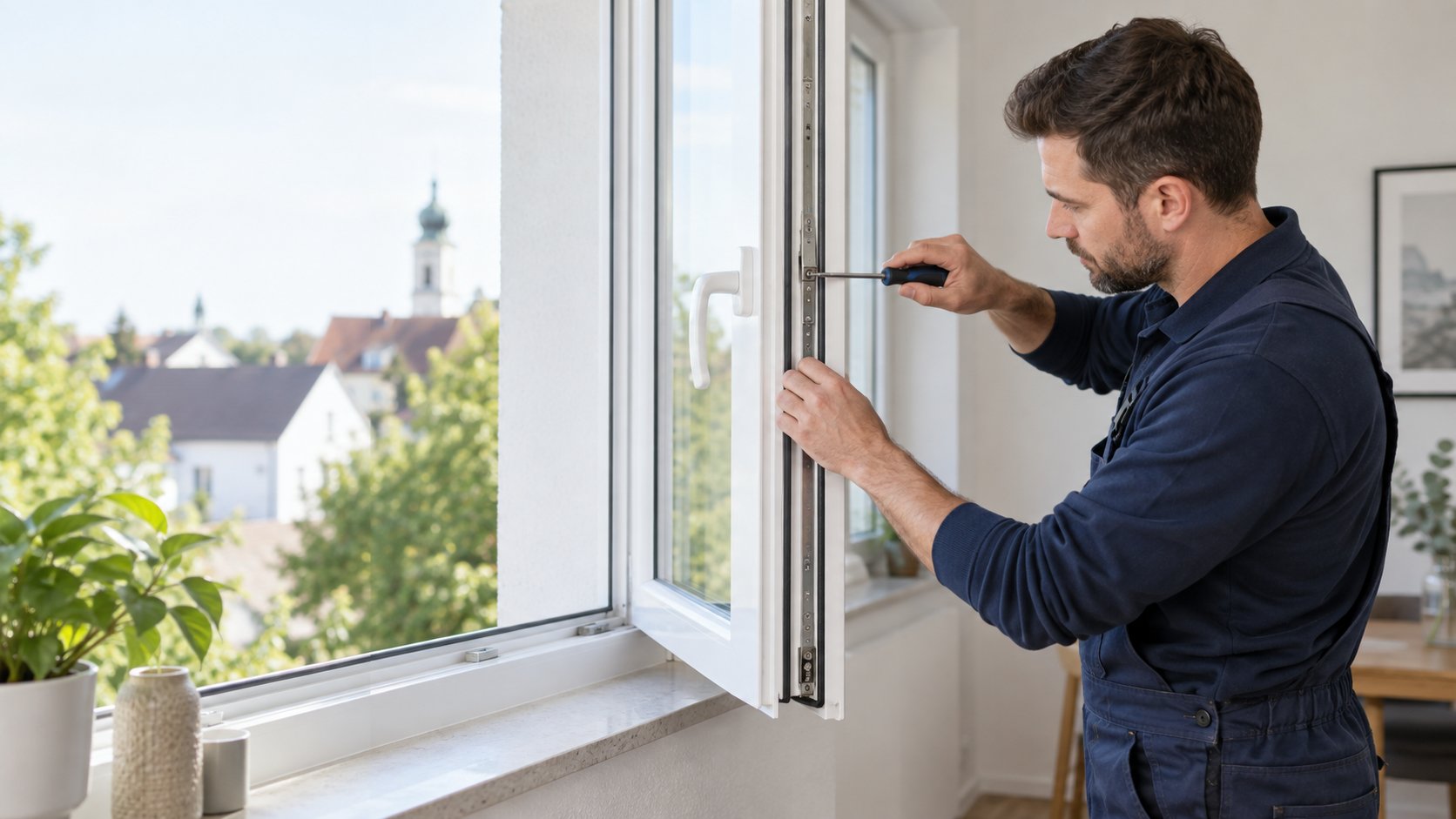 Fachkraft stellt mit einem Schraubendreher den Beschlag an einem geöffneten Fenster ein